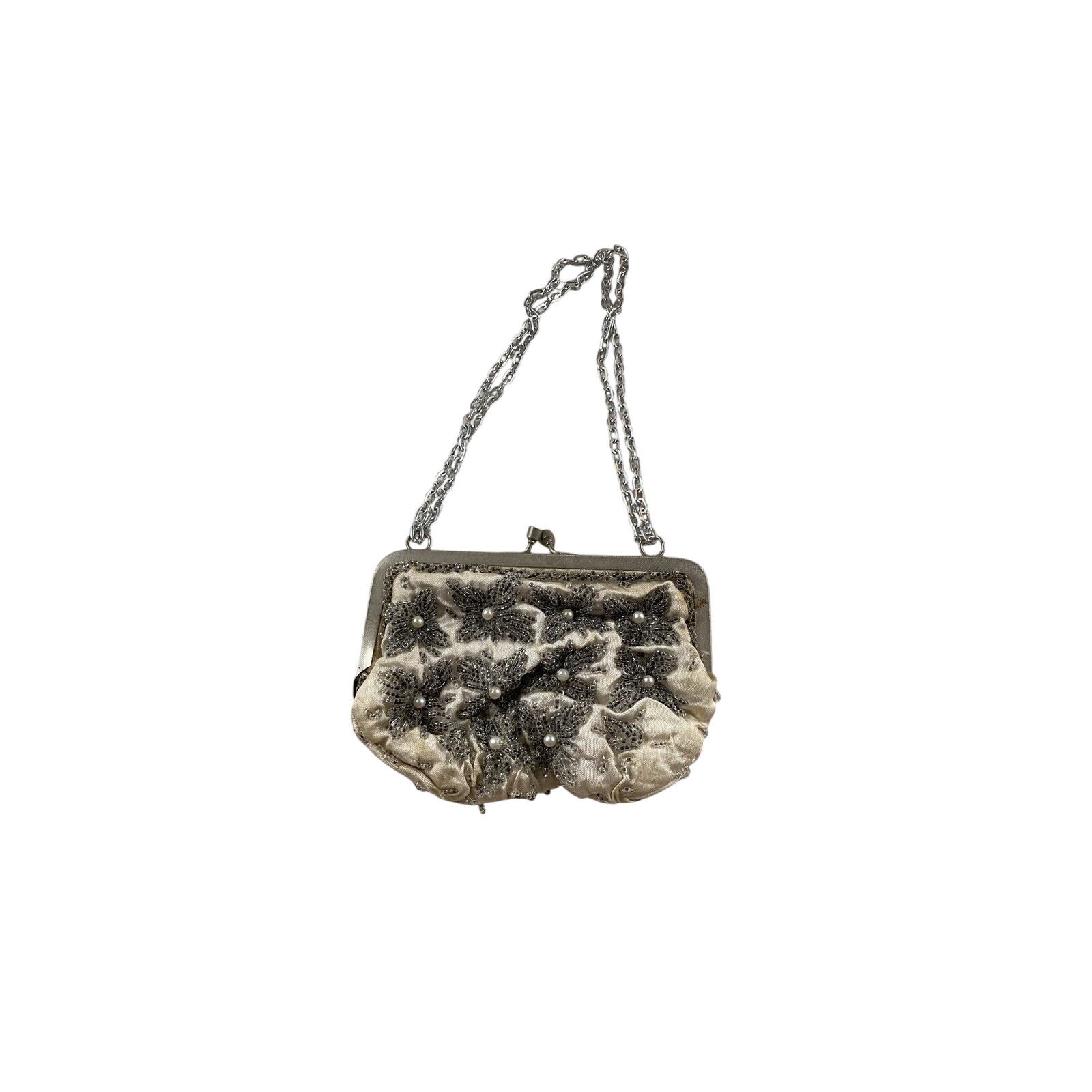 Beaded Kisslock Clutch Small Evening Handbag Cream Grey Chain Strap Embroidered